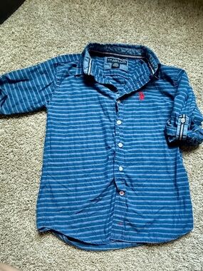 U.S. Polo Assn. Boys' Navy Blue Striped Button-Down Shirt with Red Logo